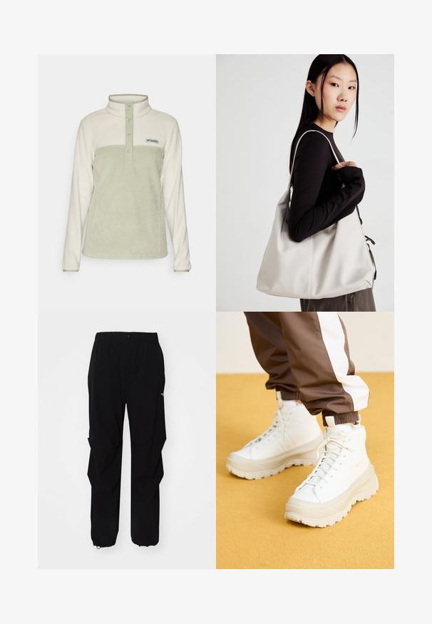 Columbia BENTON SPRINGS™ 1/2 SNAP - Fleecegenser - dark stone/safari; Sorte utendørsbukser laget av slitesterkt materiale, med en avslappet passform, elastisk midjebånd og stramme mansjetter for justerbar lengde.; Hvite høytoppsneakers med en tykk, teksturert såle, med en glatt øvre del, rund tå og tonede snøringer, satt mot en gul bakgrunn.; Beige håndveske laget av mykt materiale, med en slapp design, sydd detaljer og to skulderstropper. Passer for daglig bruk.