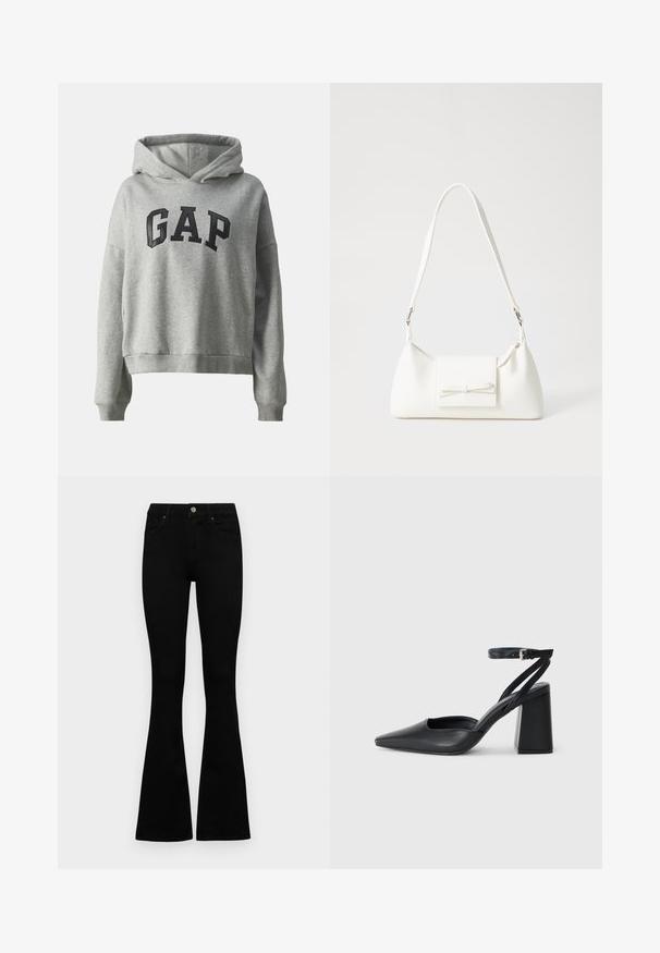 GAP Melegítőfelső - light heather grey; Fekete, magas derekú farmernadrág gomb- és cipzárzárral, elülső zsebekkel és harangszárral, laposan egy fehér háttérre terítve.; Fekete bőr, hegyes orrú magassarkú cipő boka pánttal és vastag sarokkal. Sima textúra, elegáns dizájn és minimális esztétika.; Fehér szintetikus kézitáska, háromszög alakú, lapos előlap, masni részlettel, állítható pánttal, sima textúrával és minimalista dizájnnal.