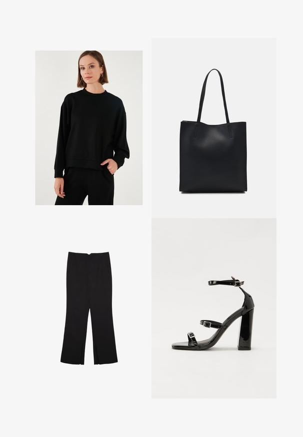 Felpa nera con maniche lunghe e larghe, colletto rotondo, texture morbida e polsini a costine, abbinata a pantaloni neri coordinati.; Pantaloni neri a gamba dritta, con tasche frontali e spacchi laterali all'orlo. Realizzati in tessuto morbido e liscio. Adatti a diverse occasioni.; Sandali con tacco in vernice nera, con punta squadrata, cinturini alla caviglia e fibbie in argento. Presentano un tacco a blocco spesso per maggiore stabilità.; Borsa tote in pelle nera con texture liscia, forma rettangolare e due manici lunghi. Nessun hardware o decorazione visibile.