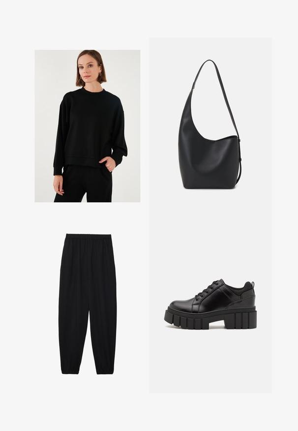 Fekete pulóver hosszú, bő ujjakkal, kerek nyakkivágással, puha tapintással és bordázott mandzsettákkal, az azonos színű fekete alsóneműhöz párosítva.; Fekete, könnyű nadrág elasztikus derékkal és ráncolt bokákkal. Az anyag sima és laza, szűkített dizájnnal rendelkezik.; Fekete bőr platform cipők vaskos blokk sarkakkal, kerek orral és hagyományos fűzős kialakítással. Simára csiszolt felület és minimális részletezés jellemzi.; Fekete bőr hobo táska sima textúrával, ívelt formával és egyetlen állítható pánttal; széles nyílás található a tetején.