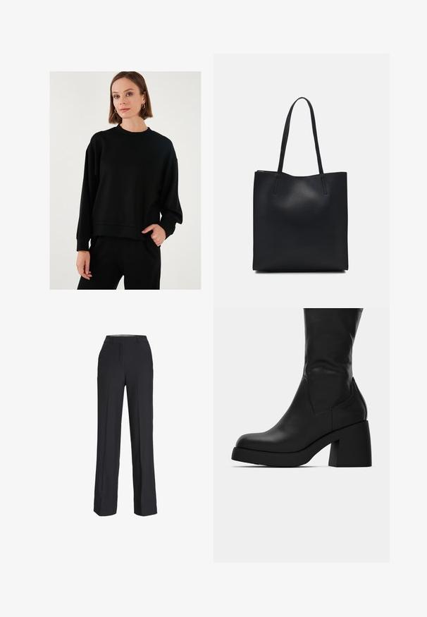 Sudadera negra con mangas largas y holgadas, cuello redondo, textura suave y puños acanalados, combinada con pantalones negros a juego.; Pantalones negros de cintura alta con corte recto. Fabricados en una tela suave, con pliegues delanteros y bolsillos laterales.; Bota de cuero negra a media pantorrilla con tacón grueso y punta redonda, mostrando perfil lateral sobre fondo blanco.; Bolso tote de cuero negro con textura lisa, forma rectangular y dos asas largas. Sin herrajes ni adornos visibles.