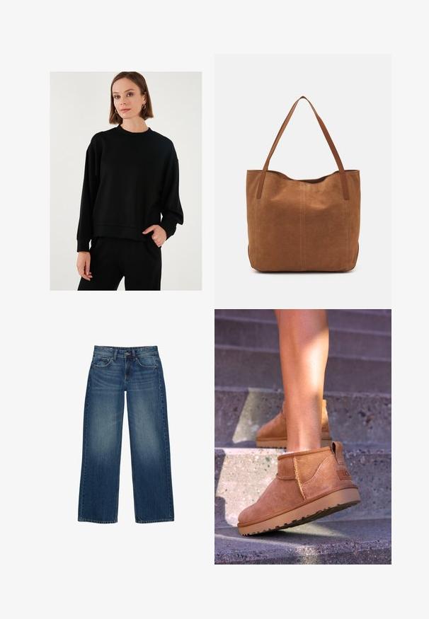 Fekete pulóver hosszú, bő ujjakkal, kerek nyakkivágással, puha tapintással és bordázott mandzsettákkal, az azonos színű fekete alsóneműhöz párosítva.; Széles szárú kék farmernadrág, elmosódott mosással, öt zsebes kialakítással és kontrasztos varrásokkal. Gombbal és cipzárral záródik.; Barna nubuk bokacsizmák, puha textúrával, varrott részletekkel és gumitalpakkal, hurok alakú sarokkal a könnyű felvétel érdekében.; Barna velúr táska két hosszú fogantyúval, sima textúrával, egyszerű dizájnnal, és látható fém részek vagy díszítés nélkül.