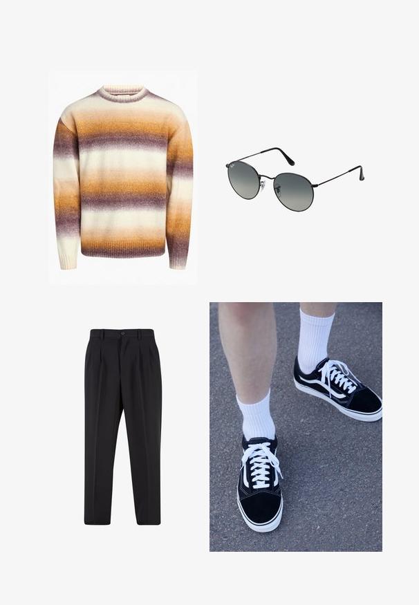 Redefined Rebel JOSEPH BOXY FIT - Jumper - caramel cafe; Black trousers with a pleated front design, made from smooth fabric. Features a button closure and belt loops; straight-leg fit.; Black suede sneakers with white accents and laces, paired with white ribbed crew socks, positioned on a textured gray surface.; Black metal sunglasses with round gradient lenses, featuring thin temples and clear nose pads for a comfortable fit.