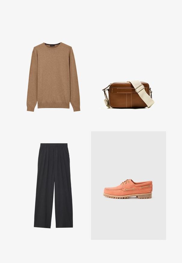 Brauner gestrickter Pullover mit Rundhalsausschnitt, langen Ärmeln und gerippten Bündchen und Saum, der eine glatte Textur und ein lässiges Design aufweist.; Weit geschnittene Hosen aus dunkelgrauem Stoff. Merkmale sind Falten an der Taille, ein maßgeschneiderter Schnitt und eine gerade Silhouette.; Orangene Lederbootsschuh mit einem Mokassin-Stil, runder Zehenform, braunen Schnürsenkeln und Gummisohle mit Traktionsrillen.; Braune Leder-Crossovertasche mit weißer Naht, rechteckiger Form, Reißverschluss und einem beigen, verstellbaren Riemen. Verfügt über zwei vordere Taschen.