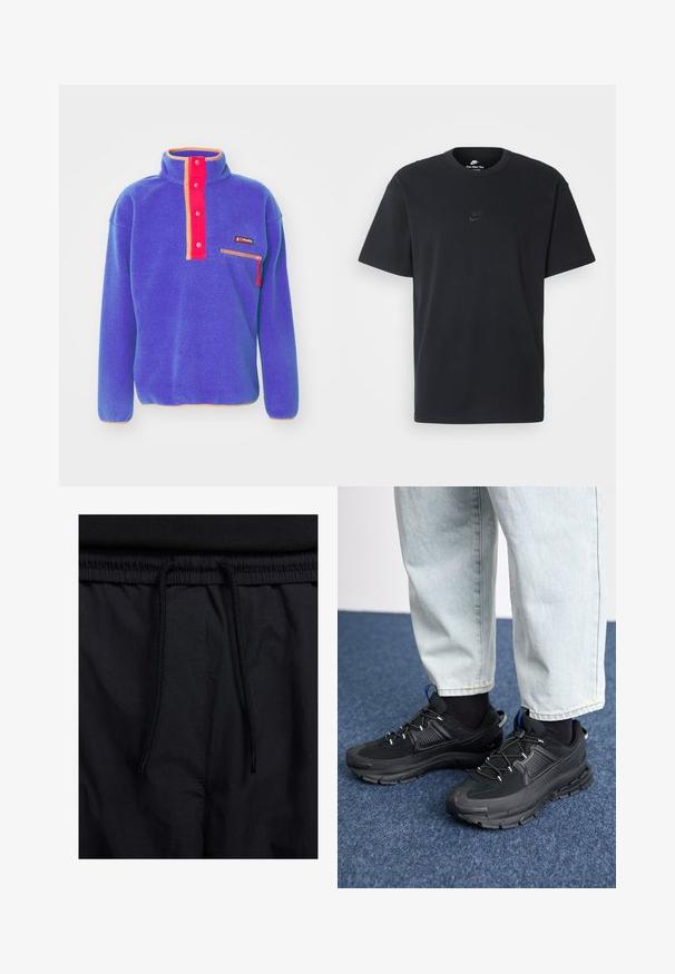 Columbia HELVETIA HALF SNAP - Camisola de lã polar - clematis blue; T-shirt de algodão preto da Nike com um clássico decote redondo, mangas curtas e um logótipo em relevo discreto no peito. Textura suave.; Calções pretos com um cós elástico ajustável, fabricados em tecido leve com uma textura suave e um design simples, sem logótipos ou padrões visíveis.; Sapatilhas desportivas pretas com tecido texturizado e solas em borracha, apresentando atacadores elásticos e um detalhe azul no calcanhar. Usadas com calças de ganga claras.