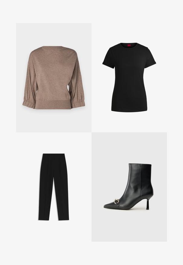 Repeat Trui - taupe; Zwart katoenen T-shirt met korte opgerolde mouwen, een ronde halslijn en een rood label. Glad textuur, aansluitende pasvorm met minimale details.; Zwarte broeken met een rechte pasvorm, voorzien van dubbele plooien, een zachte textuur en een klassiek taillebandontwerp. Geen zichtbare hardware of accenten.; Zwarte leren enkelboot met spitse neus, slanke middenhoge hak en zilveren gespdetail aan de zijkant op een effen achtergrond.