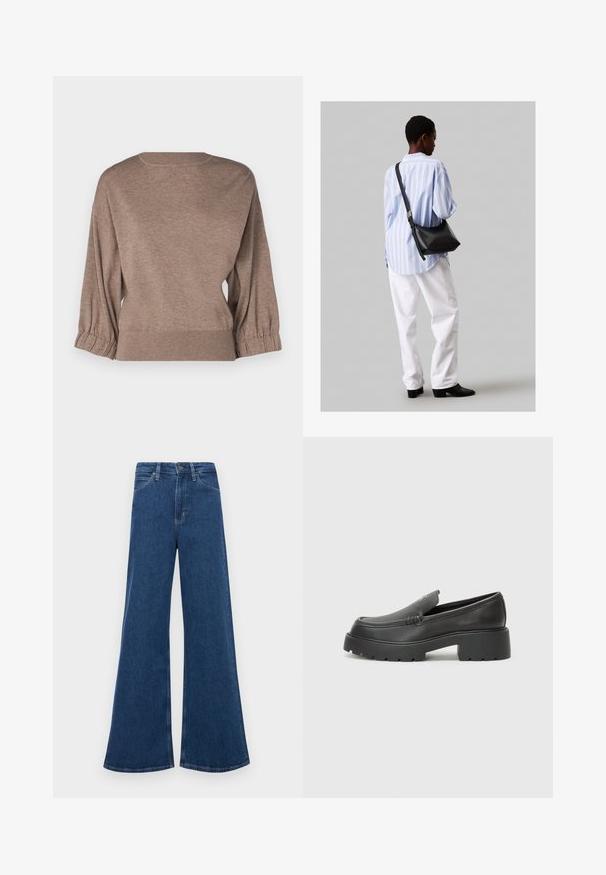 Repeat Pulover - taupe; Jeans din denim albastru cu talie înaltă, cu o croială evazată, având cinci buzunare, închidere cu nasture și cusături în contrast pe șuvițe.; Mocasini din piele neagră, cu vârf rotunjit, talpă groasă texturată și detalii minimale de cusătură. Design elegant, fără șireturi sau accesorii vizibile.; Geantă de umăr din piele neagră cu o textură moale, formă triunghiulară și curea ajustabilă, asortată cu o bluză cu dungi albastre deschise și pantaloni albi.