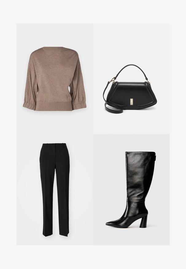 Repeat Jumper - taupe; Black tailored trousers with a straight-leg design, featuring a smooth texture and crisp creases along the front. No visible hardware.; Knee-high black leather boot with a pointed toe, smooth texture, and a chunky heel. Features a zipper detail at the back.; Black leather handbag with a structured design, featuring a cropped shape, top handle, and gold hardware accent. Adjustable shoulder strap included.