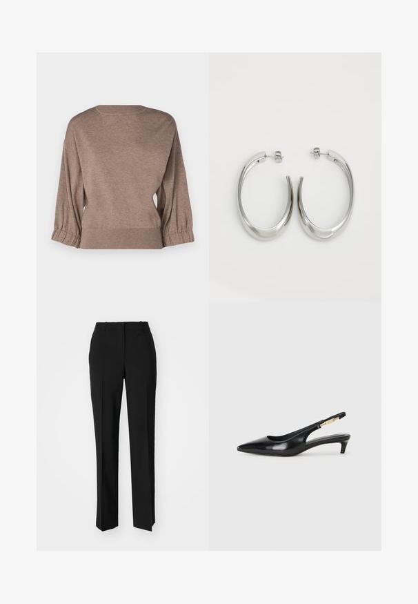 Repeat Džemper - taupe; Mustad ja sirged püksid, millel on sile tekstuur ja teravad voldid esiosas. Ilma nähtavate detailideta.; Mustad nahast slingback kontsad terava ninaga, millel on õhuke konts ja kuldse tooni aktsent reguleeritaval rihmal. Sile tekstuur.; Hõbe rõngas kõrvarõngad, millel on sujuv ja kõver kuju. Omab läikivat metallist viimistlust ja nupuga sulgemist. Pole nähtavaid mustreid ega aksessuaare.