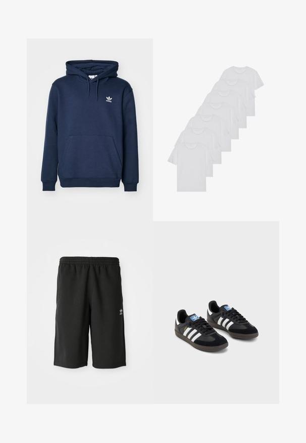 Námornícky modrá mikina s kapucňou vyrobená z mäkkého materiálu, ktorá má klokanie vrecko, kapucňu so šnúrkou a malé biele logo Adidas na hrudi.; Biele bavlnené trička, krátke rukávy, dizajn s okrúhlym výstrihom, hladká textúra, naskladané v rade, so subtilným brandingom na výstrihu.; Čierne bavlnené šortky s elastickým pásom, bočnými švami a malým bielym logom na ľavom stehne. Hladká textura, dĺžka po kolená.; Čierne tenisky so zvrškom z semišu a syntetického materiálu, s tromi bielymi pruhmi, štruktúrovanou gumovou podrážkou a modrou logovou etiketou na jazyku.