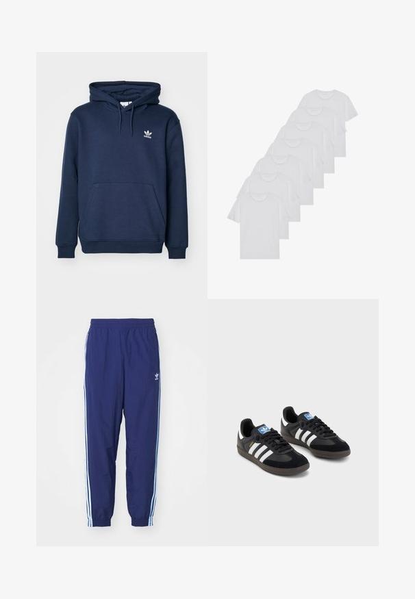Marineblå hettegenser laget av mykt materiale har en kengurulomme, snorhette, og en liten hvit Adidas-logo på brystet.; Hvite bomulls T-skjorter, korte ermer, rund hals-design, enkel tekstur, stablet i en rekke, med subtil merking ved halsen.; Marineblå treningbukser med elastisk midje, sidelommer og lyseblå striper langs sidene; laget av lett stoff.; Svarte sneakers med overdel i semsket lær og syntetisk materiale, med tre hvite striper, strukturert gummisåle og blå logoetikett på tungen.