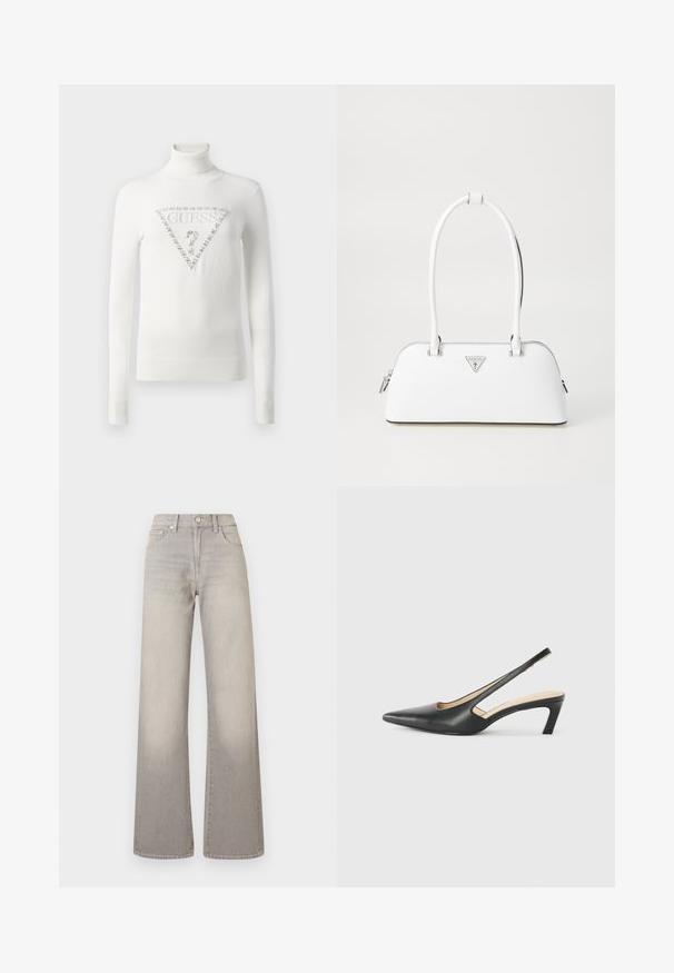 Baltas megztinis su aukštu kaklu, su raukšlėmis rankogaliuose ir apačioje, puošia kristalais dekoruota trikampė Guess logo su klaustuku priekyje.; Pilki plačių kojų džinsai su išblukusiu apdailos efektu, mygtukų uždarymu, penkių kišenių dizainu ir siuvinėjimu palei siūles.; Juodas smailus slingback batelis su žemu kulnu, pagamintas iš lygaus odos paviršiaus ir su išpjovomis šone, užtikrinančiomis oro pralaidumą.; Balta odinė rankinė, turinti kreivą formą, su sidabriniu trikampiu logotipu ir užtrauktuko uždarymu. Lygi tekstūra ir dvigubi rankenai.