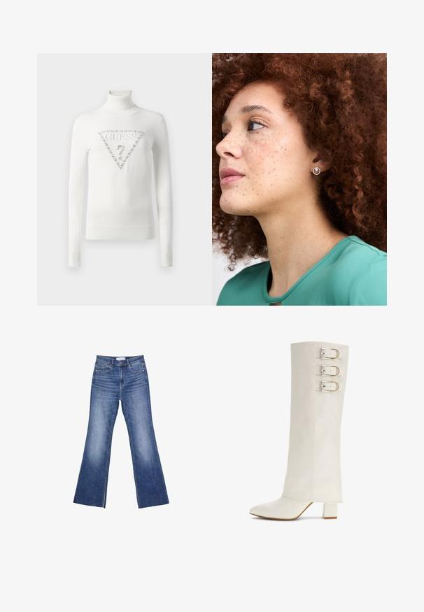 Weißer Rollkragenpullover mit gerippten Bündchen und Saum, der auf der Vorderseite ein mit Kristallen verziertes, dreieckiges Guess-Logo mit einem Fragezeichen zeigt.; Blaue Jeans mit hoher Taille, Fronttaschen und leichtem Schlag am Saum auf einem weißen Hintergrund.; Wadenhohe weiße Lederstiefel mit spitzer Zehe, drei metallischen Schnallen und einem quadratischen Blockabsatz. Glatte Textur, minimalistisches Design.; Silberne Stecker-Ohrringe mit einem kreisförmigen Design und einem strukturierten Rand, getragen von einer Person mit lockigem kastanienbraunem Haar, die ein grünes Oberteil trägt.