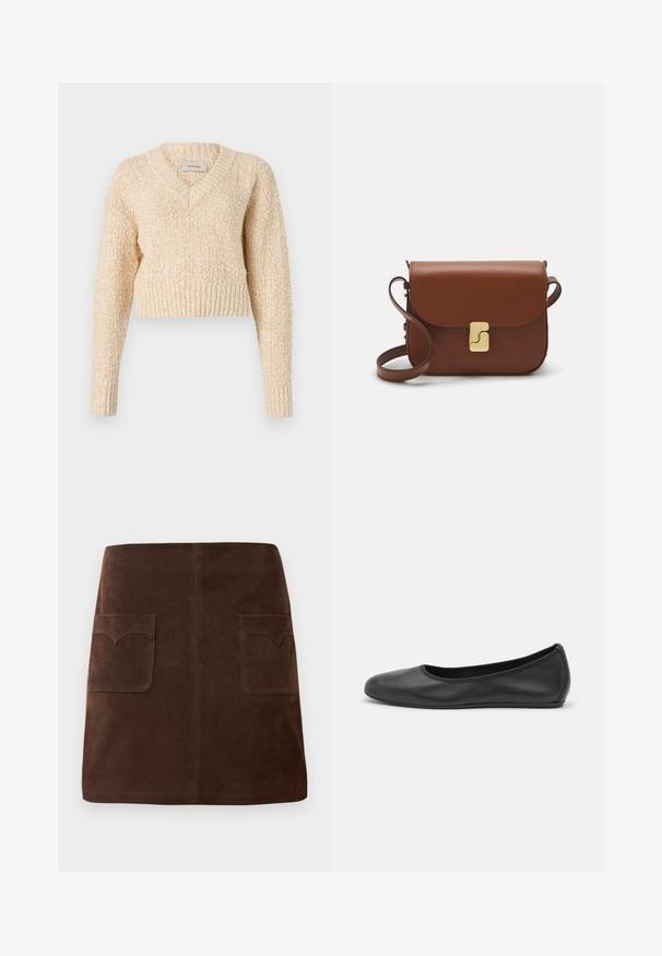 Bežna pulover s V-izrezom, izdelan iz teksturiranega pletenega materiala, z dolgimi rokavi in rebrastim robom, s skrajšano dolžino in subtilnim vzorcem.; Rjava nubukova krila, ki vsebujejo klasično A-linijo, dve sprednji žepi z zaobljenimi poklopci in subtilne šivane detajle.; Črne usnjene balerinke z zaobljenim nosom, gladko teksturo, minimalnimi šivi in fleksibilno zasnovo podplata.; Rjava usnjena torbica s poklopcem, zlato obarvani okovi, naramnica in gladka tekstura. Kompaktna pravokotna oblika.