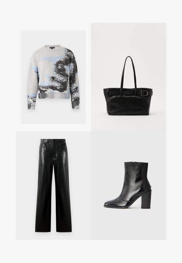 rag & bone ESTELLE CREW - Pulover - ivory; Pantaloni din piele neagră cu croială largă, finisaj neted, având o închidere cu nasture și fermoar, buzunare frontale și detalii cu cusături în contrast.; Botină din piele neagră, cu o textură netedă, vârf ascuțit și toc gros, înalt. Dispune de o deschidere laterală și un design minimalist.; Geantă tote din piele neagră cu două mânere lungi, o textură netedă și o curea lată cu detaliu de cataramă în partea de sus.