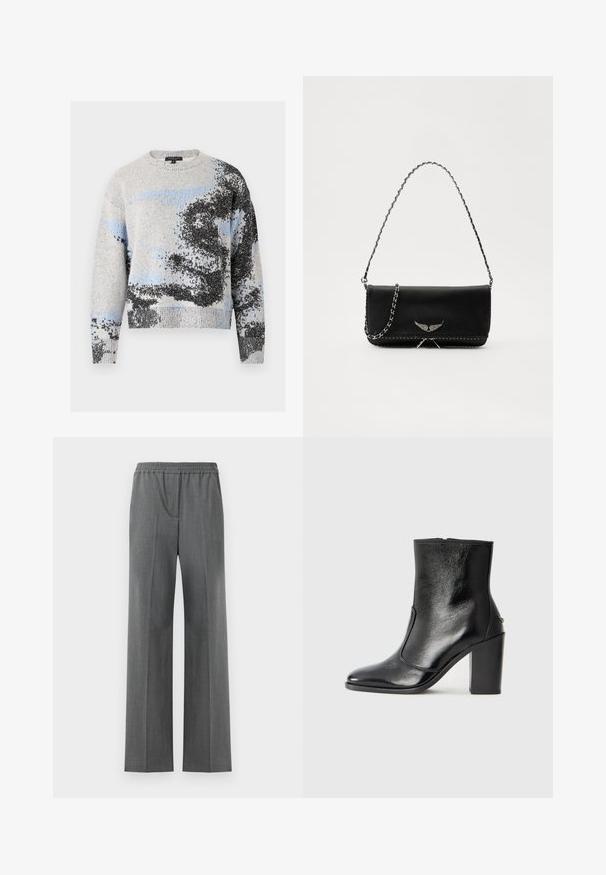 rag & bone ESTELLE CREW - Strickpullover - ivory; Graue weit geschnittene Hose mit elastischem Bund, aus einem strukturierten Stoff mit einem dezenten Webmuster.; Schwarze Leder-Stiefelette mit glatter Textur, spitzem Fuß und klobigem hohen Absatz. Verfügt über eine seitliche Öffnung und ein minimalistisches Design.; Schwarze Lederhandtasche mit einem silbernen Kettenriemen, verziert mit dekorativen Flügelakzenten und weißen Nähten entlang der unteren Naht.