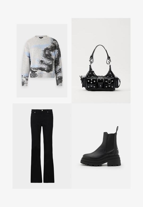 rag & bone ESTELLE CREW - Neule - ivory; Mustat levenevät farkut, valmistettu denimi- materiaalista, varustettu kahdella etutaskulla, napin sulkimella ja sileällä pinnalla. Alussa näkyviä erityisompeleita.; Mustat Chelsea-nilkkurit, jotka on valmistettu sileästä nahasta, joissa on joustavat sivupaneelit, paksu, uritettu kumipohja ja vetonuppi takana.; Musta nahkainen käsilaukku, jossa on kaareva muotoilu, hopeiset niitit, solki ja kaksi sivutaskua. Säädettävä olkahihna erilaisiin kantovaihtoehtoihin.