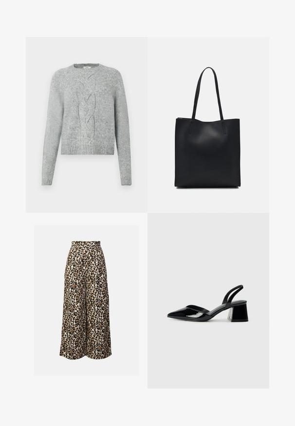 Világosszürke kötött pulóver hosszú ujjakkal, kerek nyakkal és középső fonott mintával az elején.; Beige színű leopárdmintás, bő szabású nadrág fekete és barna foltokkal. Sima textúrájú, magas derekú, pliszírozott kialakítású és teljes hosszúságú fazon.; Fekete lakk bőr szandálkés magas sarkú cipő, hegyes orral és geometrikus tömbsarkakkal. Karcsú, minimalista dizájn és sima textúra jellemzi.; Fekete bőrtáska sima felszínnel, téglalap alakú, két hosszú füllel. Nincs látható fémkiegészítő vagy díszítés.