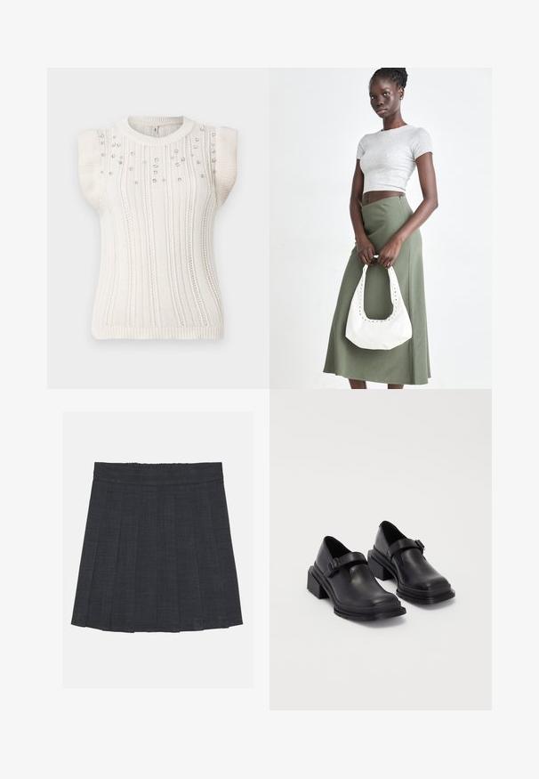 Gebreid mouwloos vest in off-white met verticale ribbels, verfraaid met kleine decoratieve kralen aan de voorkant, ronde halslijn en aangesloten zoom.; Donkergrijze plisséstofrok met een elastische tailleband, gekenmerkt door een gestructureerde stof en een klassieke A-lijnsilhouet. Geschikt voor casual gebruik.; Zwarte leren schoenen met een ronde neus, platte zool en een band met een gespdetail. Stevige blokhak voor extra stabiliteit.; Grijs geribbelde crop top en olijfgroene hoge taille rok. Model houdt een witte schoudertas met uitsparingen vast. Eenvoudig ontwerp, aansluitende silhouet.