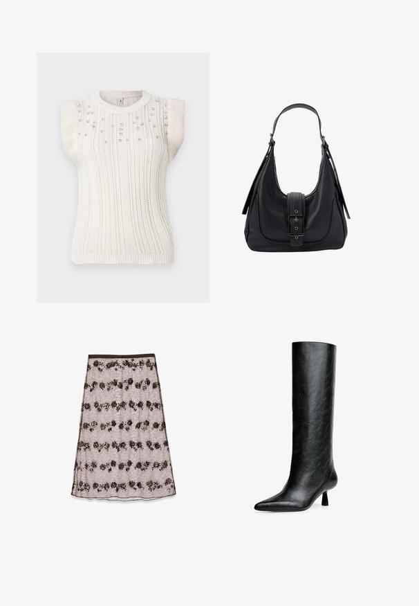 Skrócony bezrękawnik z dzianiny w kolorze ecru z pionowymi prążkami, ozdobiony małymi dekoracyjnymi koralikami z przodu, o okrągłym dekolcie i dopasowanym wykończeniu.; Koronkowa spódnica midi w jasnoróżowym kolorze z kwiatowymi wzorami w ciemnym brązie i brązie, z cekinami i gładkim pasem.; Czarne, wysokie botki do kolan wykonane z fakturowanej skóry. Mają spiczasty nosek i mały, rozszerzający się obcas. Elegancki, gładki design z minimalnymi akcentami.; Czarna skórzana torba na ramię z teksturowanym wykończeniem, szerokim paskiem i zapięciem na klapkę z prostokątną klamrą oraz metalowymi akcentami.