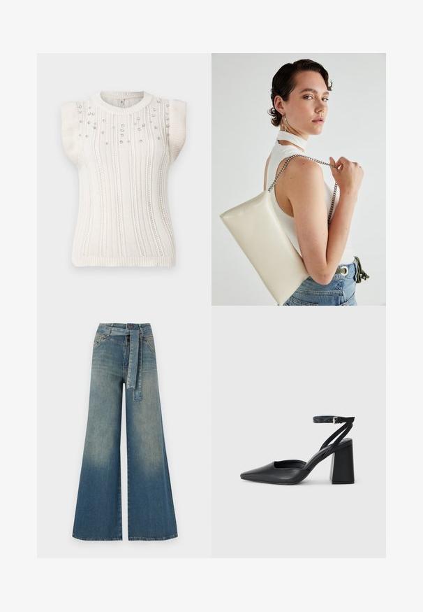 Pleteni brezrokavnik v off-white barvi z navpičnimi rebrastimi vzorci, okrašenimi z majhnimi dekorativnimi biseri na sprednji strani, zaobljenim ovratnikom in prilegajočim robom.; Široke jeans hlače z gradientom od svetlo do temno modre, visokim pasom, zankami za pas in pasom iz istega materiala. Tekstura denim končnica.; Črne usnjene klasične čevlje z ostrim nosom, z zaponko za gleženj in debelim peto. Ravna tekstura, eleganten dizajn in minimalistična estetika.; Bela pravokotna torbica za ključe iz sijajnega materiala, opremljena s srebrno verižico. Model pozira in prikazuje torbico na enobarvni podlagi.