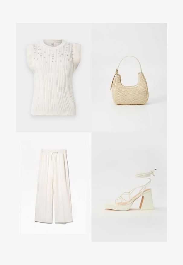 Knit sleeveless sweater in off-white with vertical ribbing, accented with small decorative beads on the front, rounded neckline, and fitted hem.; White wide-leg trousers made from lightweight fabric, featuring an elastic waistband, drawstring, and side pockets with no visible patterns.; White high-heeled sandal with a chunky heel, featuring a strappy design and ankle tie. Smooth texture with a platform front for added height.; Woven straw handbag in beige with a curved shape, a short handle, and a side zipper. Features textured surface and minimalistic design.