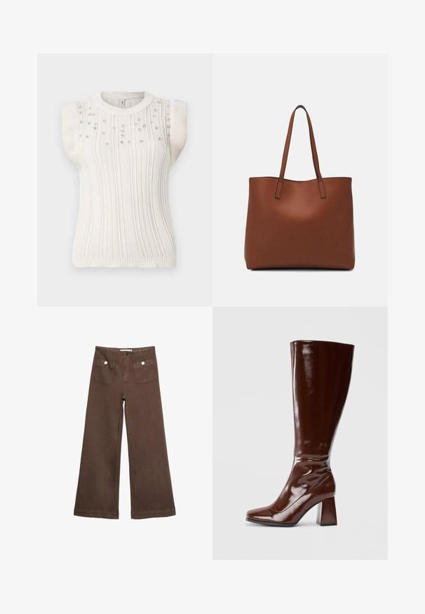 Pletený bezrukávový sveter v off-white farbe s vertikálnym rebrovaním, doplnený malými dekoratívnymi korálkami na prednej strane, zaobleným výstrihom a priliehavým lemom.; Hnedé široké nohavice vyrobené z bavlny, s dvoma prednými vreckami so striebornými gombíkmi a hladkou textúrou.; Hnedé lodičky z patentovanej kože po kolená so štvorcovou špičkou, lesklým povrchom a robustným podpätkom pre stabilitu. Bezšvový dizajn bez viditeľných prvkov.; Hnedá kožená taška na rameno s hladkou textúrou, otvoreným vrchom a dvoma ramenými popruhmi. Má minimálne šitia a žiadne viditeľné kovania.