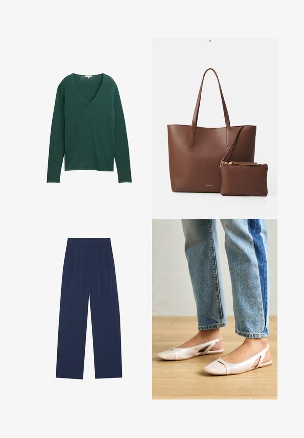 Zeleni pulover dugih rukava s dubokim V-izrezom, izrađen od mekog materijala. Ima opušteni kroj i suptilnu, glatku teksturu.; Tamno plave hlače širokih nogavica, izrađene od mekog materijala, s prednjim nabora, glatke teksture i ravnog kroja bez vidljivih džepova.; Svijetlo ružičaste slingback balerinke s šiljastim vrhom, izrađene od glatkog materijala nalik koži. Sadrže izrezane detalje sa strane i ravnu petu.; Smeđa torba od umjetne kože s dva duga ručka i odgovarajućom malom torbicom. Površina ima teksturirani uzorak i zlatne metalne detalje.
