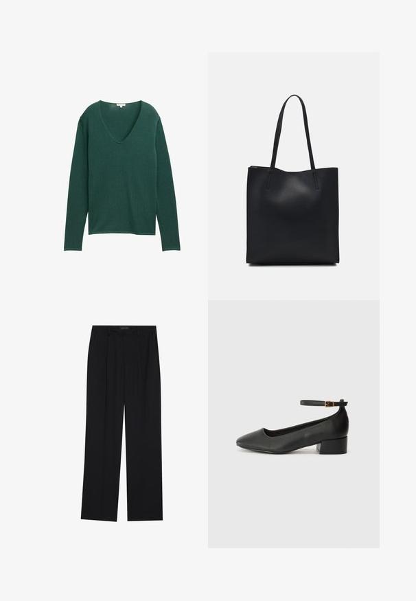 Maglione verde a maniche lunghe con scollatura a V profonda, realizzato in tessuto morbido. Presenta una vestibilità rilassata e una texture sottile e liscia.; Pantaloni neri con un design a gamba dritta, dotati di due tasche frontali e di una vita. Realizzati in un tessuto morbido e leggero.; Pump in pelle nera con punta affusolata e tacco basso a blocco. Presenta una cinghia alla caviglia con una fibbia in tonalità oro. Texture liscia.; Borsa tote in pelle nera con texture liscia, forma rettangolare e due manici lunghi. Nessun hardware o decorazione visibile.