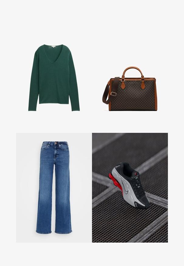 Maglione verde a maniche lunghe con scollatura a V profonda, realizzato in tessuto morbido. Presenta una vestibilità rilassata e una texture sottile e liscia.; Jeans in denim blu medio a vita alta, con gamba larga, chiusura a bottoni e zip, e tasche anteriori e posteriori, su sfondo grigio chiaro uniforme.; Scarpa sportiva nera e grigia con suola imbottita rossa, lacci neri e logo swoosh, poggiata su una superficie in griglia metallica.; Borsa a tracolla marrone con motivo e dettagli in pelle, manici doppi e tracolla removibile. Presenta una chiusura con zip e una forma strutturata.