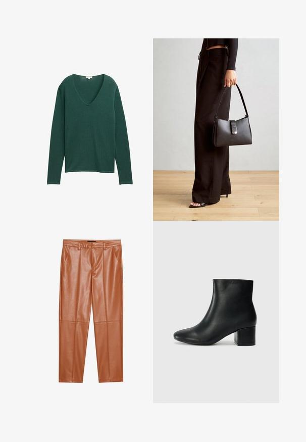 Zeleni pulover dugih rukava s dubokim V-izrezom, izrađen od mekog materijala. Ima opušteni kroj i suptilnu, glatku teksturu.; Smeđe hlače od umjetne kože s prilagođenim krojem, s prednjim pregibima i ravnim nogavicama. Glatka tekstura bez vidljivih metalnih dijelova ili ukrasa.; Crne kožne čizme do članaka s uskim vrhom i debelim potplatom. Glatka tekstura s minimalnim detaljima i elegantan, prilagođen dizajn.; Crna torba s oblikom koji sadrži strukturu, glađu teksturu i metalnu kopču. Uparena s širokim crnim hlačama i sandalama na otvorenom s drvenog poda.
