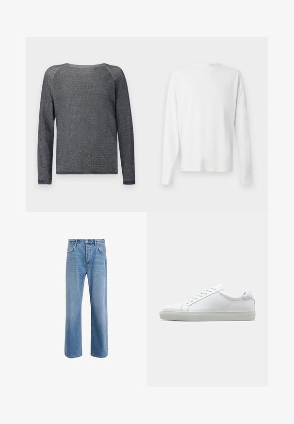 Langarmige marineblauwe trui gemaakt van een gestructureerde breisel. Heeft een ronde hals en versterkte stiksels op de schouders.; Witte katoenen blouse met lange mouwen en een ronde halslijn, met zijsplitten aan de onderkant en een gladde textuur, vanuit de achterkant weergegeven.; Lichtblauwe denim jeans met een straight-leg ontwerp, vijf zakken, knoopsluiting, minimale vervaging en contrasterende stikseldetails.; Witte sneaker met een gladlederen bovenwerk en een laag profiel. Voorzien van een ronde neus, zes vetergaatjes en een gestructureerde rubberen zool.