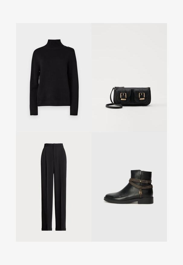 Black turtleneck sweater with long sleeves, ribbed texture, and side button detail on the shoulder. Simple design, no visible patterns.; Black tailored trousers with a high waist, featuring pleats at the front, a straight leg design, and a cuffed hem. Made from smooth fabric.; Black leather ankle boot with a flat sole, featuring a brown patterned strap and gold-tone hardware detail. Smooth texture.; Black leather crossbody bag with two front pockets, gold buckles, zipper closure, and a slim strap. Textured surface and compact rectangular shape.
