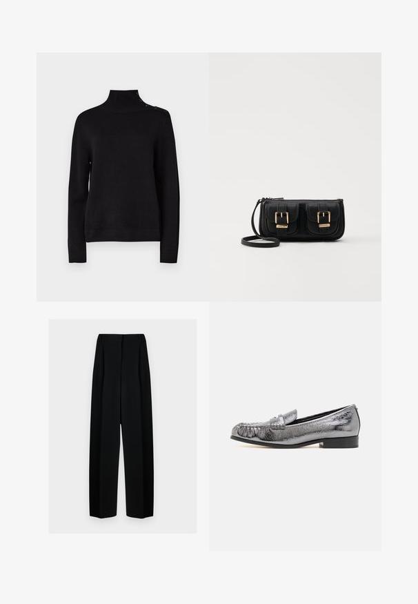 Svart høyhalset genser med lange ermer, ribbestruktur og sidesøm med knapper på skulderen. Enkelt design, ingen synlige mønstre.; Svart vide bukser med høy livhøyde, med folder og en glatt tekstur. Stoffet virker lett og faller elegant.; Metallisk sølv lærloafers med en strukturert overflate, med frynse detaljer og en lav svart hæl. Klassisk og strømlinjeformet fasong.; Svart skinn crossbody veske med to frontlommer, gyldne spenner, glidelåslukking og en slank stropp. Teksturert overflate og kompakt rektangulær form.
