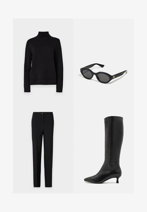 Musta poolpika kaelusega sviiter, millel on pikad varrukad, soonikkoes tekstuur ja külgedel nööbid õlavarre juures. Lihtne disain, ilma nähtavate mustriteta.; Mustat muotolahkeiset housut, joissa on suora lahkeiden muotoilu, varustettuna nappikiinnityksellä ja vyölenkeillä, valmistettu sileästä kankaasta.; Zign Saappaat - black; Mustat soikeat aurinkolasit tummilla linsseillä ja kiiltävästä muovista valmistetulla kehällä. Varustettu kullanvärisellä logolla temppeleissä, tarjoten tyylikkään ja modernin muotoilun.; Sininen kuviollinen käsilaukku, joka on valmistettu kankaasta, ja siinä on kaareva muoto, musta nahkakahva sekä logo suunnittelu vaaleammassa sävyssä.