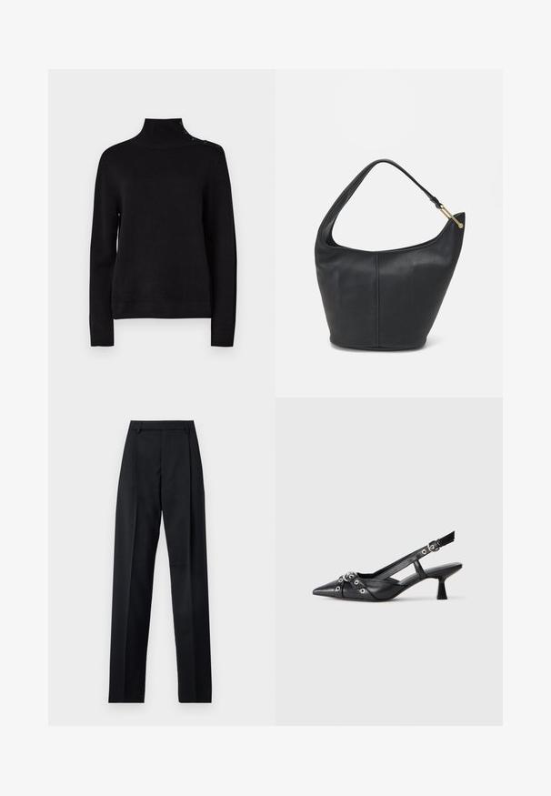 Črna pulover turtleneck z dolgimi rokavi, rebrasto teksturo in podrobnim gumbom na rami. Enostavna zasnova, brez vidnih vzorcev.; Črne hlače iz gladkega materiala, ki imajo visok pas, široke noge, sprednje nabore in klasične zanke za pas. Nevidni stranski žepi.; Črne usnjene sandale središnje zaponke z ostro konico, okrasnimi trakovi z kovinskimi očesi in nizko blokasto peto. Teksturirana površina.; Črna usnjena torbica ovalne oblike, s širokim pasom in teksturirano površino. Ima subtilno šivano podrobnost in zlate dodatke.