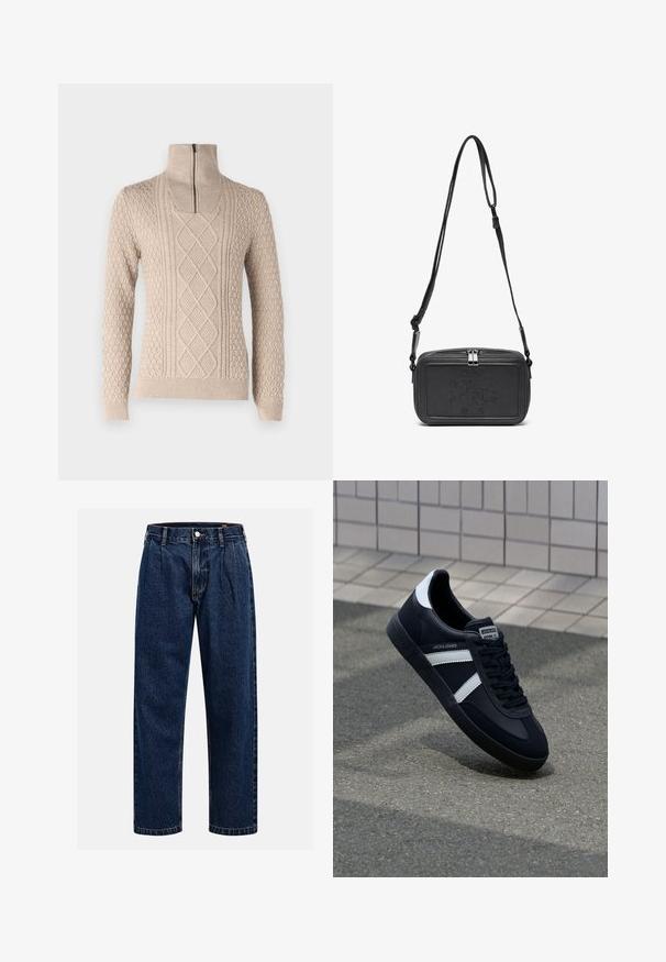 Beige sweater with a high collar and a zipper. Features textured patterns, including cables and bobbles, and ribbed cuffs and hem.; Dark blue denim jeans with a straight-leg design. Features visible stitching, a button closure, and front pleats for added detail.; Black leather sneaker with white stripes, textured rubber sole, and lace-up front. Features a branded label on the tongue.; Black leather crossbody bag with a zip closure, embossed logo on the front, and adjustable strap. Smooth texture with a rectangular shape.