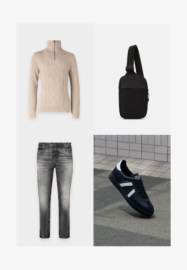 Beige džemperis ar augstu apkakli un rāvējslēdzēju. Iekļauj teksturētas rakstus, tostarp kabeļus un bumbiņas, kā arī ribotus piedurkņu un apakšmalas noblīvējumus.; Izbalējušas melnas džinsa bikses ar taisnu piegriezumu, ar nolietotām vietām, priekšējām kabatām un klasisku pogu aizdari.; Melnā ādas sporta apavi ar baltām svītrām, teksturēta gumijas zole un auklu aizdare. Iekļauj zīmola etiķeti uz mēles.; Melnā krusta soma, kas izgatavota no izturīga auduma, ar vienu regulējamu siksnu, ar rāvējslēdzēju galveno nodalījumu un priekšējo kabatu.