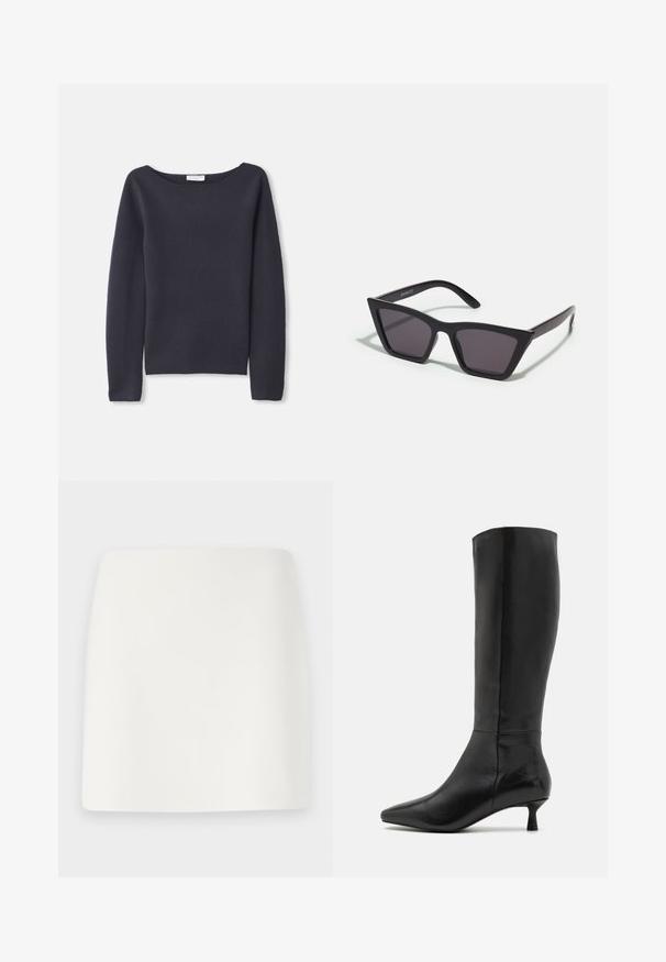 Marineblauer Langarmpullover mit weitem Ausschnitt, weichem Material und lässiger Passform. Verfügt über minimale Nähte und keine sichtbaren Verschlüsse.; Weißer, taillierter Minirock mit glatter Textur und klaren Linien. Keine sichtbaren Muster oder Beschläge. Gerader Saum am unteren Ende.; Zign Stiefel - black; Schwarze, eckige Sonnenbrille mit grauen Gläsern; aus Kunststoff gefertigt, mit dicken Bügeln, die eine glatte Oberfläche und keine sichtbaren Beschläge haben.; Schwarze Wildleder-Clutch mit einem Reißverschluss und abnehmbarem Handgelenkband. Verfügt über goldfarbene Hardware und eine glatte, matte Oberfläche.