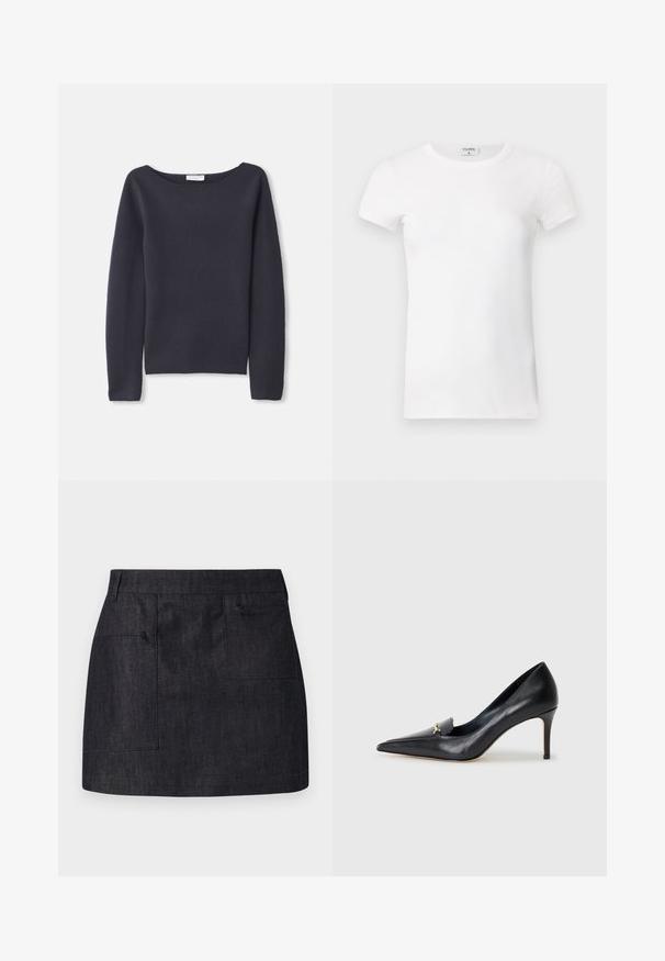 Marineblå langærmet sweater med bred halsudskæring, blød tekstur og afslappet pasform. Har minimal syning og ingen synlige lukninger.; Hvid, stribet T-shirt med kortærmer og rund hals. Stoffet ser glat ud med en tætsiddende silhuet. Brandingmærke synligt ved kraven.; Sort læder skjorte med knaplukning fortil, spidse kraver og to brystlommer. Har en løs pasform og glat tekstur.; Mørk denimnederdel med lige snit, der har to forlommer og en subtil tekstur. Ren kant og standard taljedesign.; Sorte læderpumps med spids tå, lav udskæring og dekorativ guldaccent. Har en stiletthæl og glat tekstur.