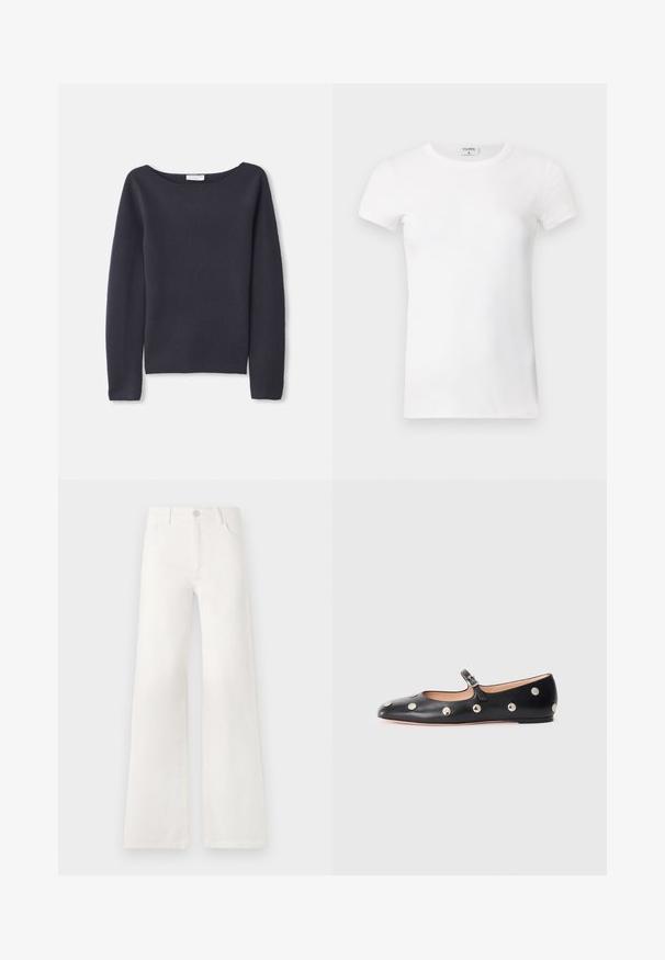 Navy long-sleeve sweater with a wide neckline, soft texture, and a relaxed fit. Features minimal stitching and no visible fastenings.; White ribbed short-sleeve T-shirt with a crew neck. The fabric appears smooth with a fitted silhouette. Branding label visible at the collar.; White, high-waisted wide-leg jeans made of denim. Features a button closure, two front pockets, and side seams with stitching details.; Black leather Mary Jane flat shoe with a rounded toe, featuring silver circular studs and an adjustable strap with a buckle.