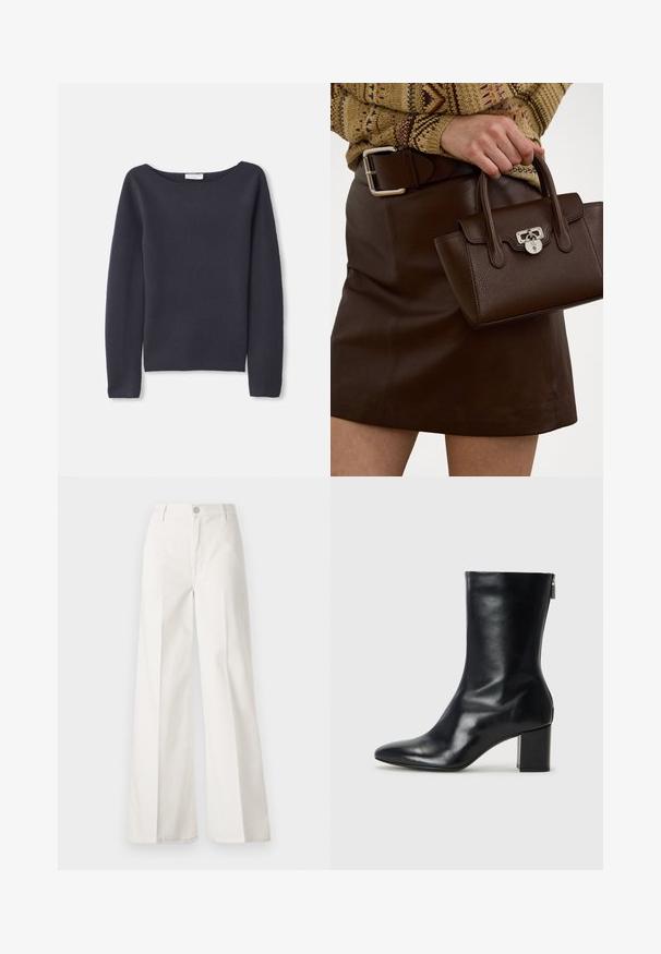 Tumedas sinine pika varrukaga kampsun, millel on lai kaelus, pehme tekstuur ja mugav lõige. Omab minimaalseid õmblusi ja pole nähtavaid kinnitusi.; Valged laiade jalgadega püksid, mis on valmistatud siledast puuvillast. Omab esitallist ning lukuga sulgemist ja nelja tasku disaini.; Must musta ankle boot teravaid varvastega ja 4 cm plokknõela. Suurepärase disainiga, millel on külgrihm lihtsaks läbi panemiseks. Sile tekstuur.; pruun nahast käekott tekstuuriga viimistlusega ja hõbedase riistvaraga, hoituna käes pruun nahkse seeliku ja mustriga sviidiga.