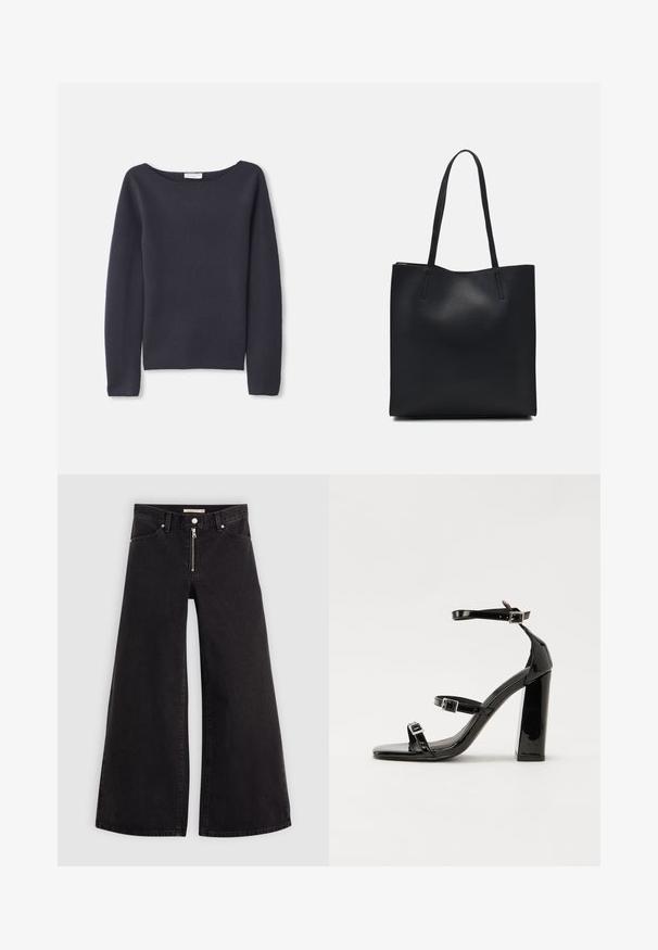 Sweater de manga longa azul marinho com um decote amplo, textura suave e um ajuste descontraído. Apresenta costuras mínimas e sem fechos visíveis.; Calças de ganga de perna larga em denim preto com fecho éclair à frente, design de cinco bolsos e detalhes de costura subtil. Textura suave e estilo casual.; Sandálias de tacão preto laqueadas com bico quadrado, tiras para o tornozelo e fivelas prateadas. Apresentam um salto bloco chunky para estabilidade.; Bolsa tote preta em couro com textura lisa, forma retangular e duas alças longas. Sem hardware ou enfeites visíveis.