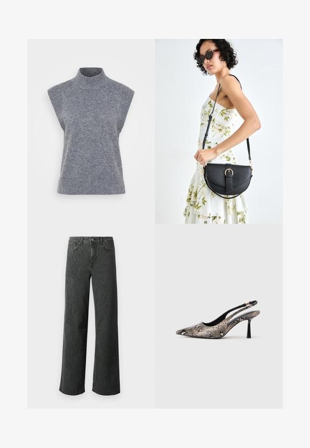 Gray sleeveless turtleneck sweater made from ribbed knit material, featuring a fitted silhouette and a soft texture.; Wide-leg jeans in dark gray denim, featuring a subtle zebra-pattern texture, contrast stitching, and five-pocket design with a button fly.; Pointed-toe slingback shoes made of textured snake print material, featuring a slender black heel and a cutout design on the sides.; Black leather handbag with a curved shape, detachable strap, and gold hardware. The bag features a flap with a buckle detail.