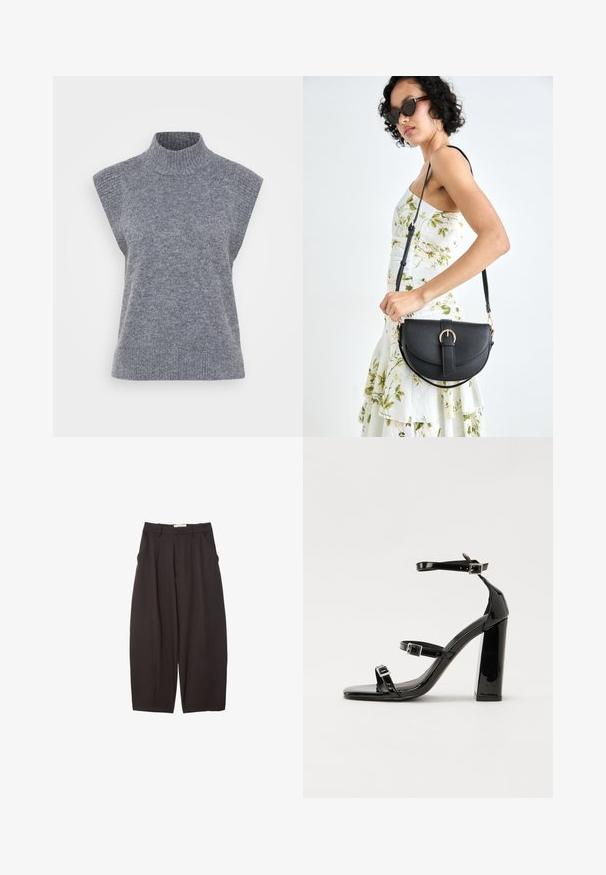 Harmaa hihaton pooloneule, joka on valmistettu ribbikudotusta materiaalista. Neuleessa on istuva siluetti ja pehmeä rakenne.; Mustat leveälahkeiset housut, jotka on valmistettu sileästä kankaasta. Niissä on korkea vyötärö, etupleatsit ja sivutaskut. Yksinkertainen muotoilu ilman koristeita.; Musta kiiltäväpintainen korkokengät, joissa on kaksi solkikiinnitystä, neliönmuotoinen kärki ja paksu korko, sileällä, kiiltävällä pintarakenteella.; Musta nahkainen käsilaukku, joka on kaareva muotoilultaan, irrotettavalla hihnalla ja kultaisilla yksityiskohdilla. Laukussa on läppä, jossa on solk yksityiskohta.