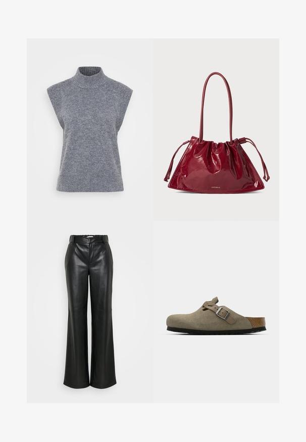 Siv grel svetrov brez rokavov iz rebraste pletenine, ki se ponaša s prilegajočim silhuetom in mehkobo.; ONLY Tall ONLSMOOTH WIDE - Hlače - black; Semišni klobuki v svetlo olivno zeleni barvi z oblikovanim plutovim in gumijastim podplatom. Vključuje stransko zanko z kovinsko zaponko in zaobljenim nosom.; Rdeča lakirana torba v obliki trikotnika z nabranim zgornjim delom na vrvico in dvema dolgima ročajema. Zlata logotipna podrobnost na sprednji strani.