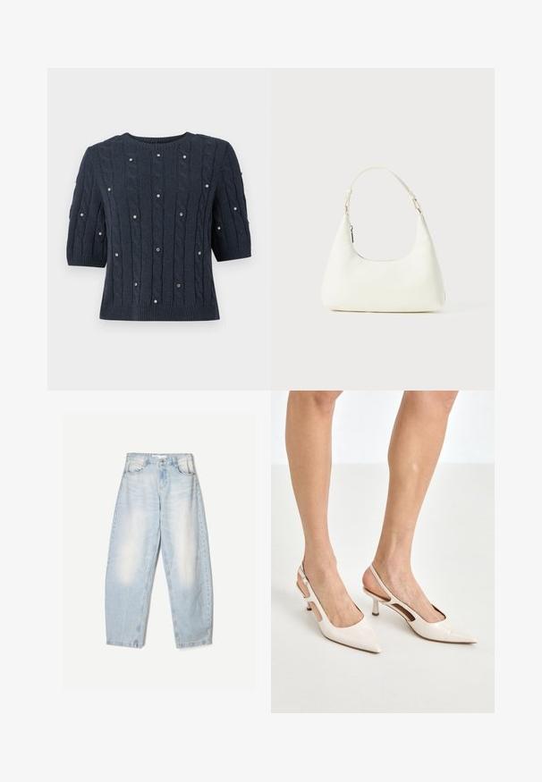 Navy blue knitted sweater with short sleeves, featuring cable patterns and decorative gem accents throughout. Round neckline and ribbed hem.; White button-up shirt with a classic collar, long sleeves, and a relaxed fit. Made from lightweight fabric with a smooth texture.; Light blue denim jeans with a loose fit, featuring a faded finish, two front pockets, and a button closure at the waistband.; Beige patent leather slingback heels with a pointed toe and 5 cm heel, featuring cut-out sides and a thin ankle strap.; Small white shoulder bag with a single adjustable strap and a zipper closure, set against a plain white background.