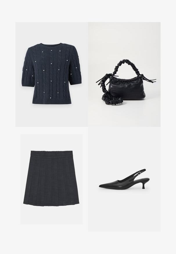 Mørkeblå strikket sweater med korte ærmer, der har kabelmønstre og dekorative perleaccenter. Rund halsudskæring og ribbet kant.; Mørkegrå plisseret nederdel med elastisk talje, der har et struktureret stof og en klassisk A-formet silhuet. Velegnet til hverdag.; Sort læder slingback-sko med spids tå og en slank, buet hæl. Har en diskret justerbar rem med en metalspænde.; Sort kunstlæder håndtaske med krokodilteksur, indsnøret top og en sammenkrøben rem. Ser blød og kompakt ud i designet.