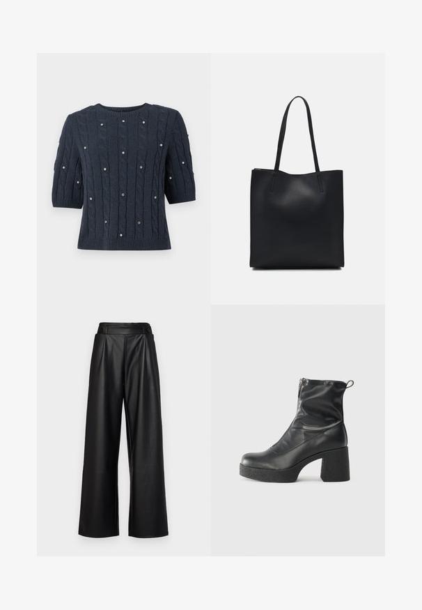 Marineblauer Strickpullover mit kurzen Ärmeln, der Kabelmuster und dekorative Edelsteinakzente überall aufweist. Rundhalsausschnitt und gerippter Saum.; Schwarze, weit geschnittene Hosen aus Leder mit hoher Taille, Falten und zwei runden Knöpfen an der Vorderseite zum Verschließen.; Schwarze Stiefeletten aus glattem Leder mit seitlichem Reißverschluss, klobigem strukturiertem Absatz und runder Zehenform.; Schwarze Laptoptasche aus Leder mit glatter Textur, rechteckiger Form und zwei langen Griffen. Keine sichtbaren Beschläge oder Verzierungen.
