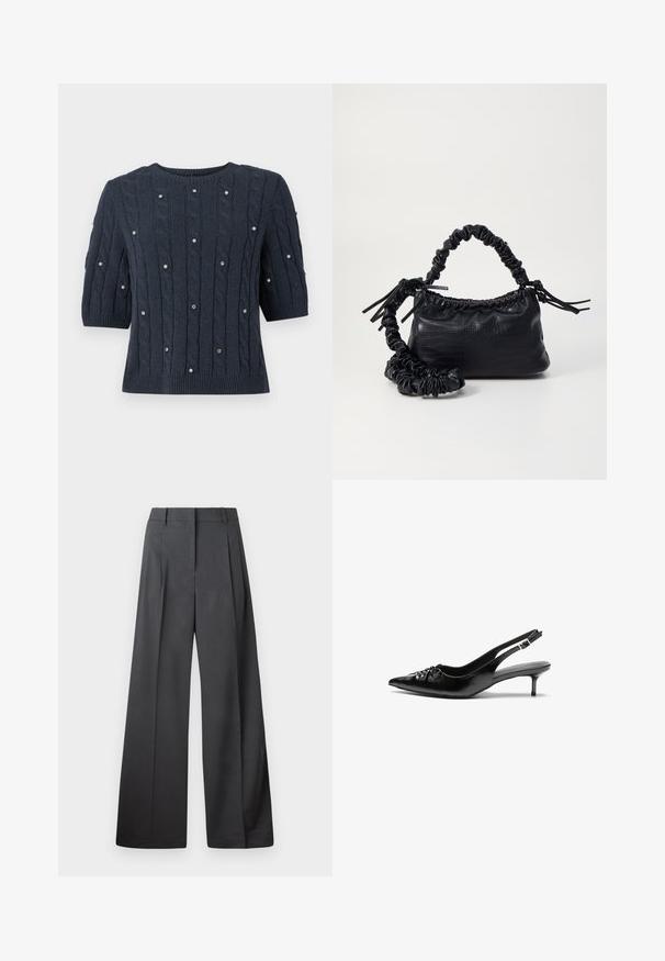 Mørkeblå strikket sweater med korte ærmer, der har kabelmønstre og dekorative perleaccenter. Rund halsudskæring og ribbet kant.; Bredde benbukser i mørkegrå stof, med høj talje, enkelte læg og en glat tekstur med en ren finish ved kanten.; Sorte læderslippers med spidse tæer, lille kitten hæl og en dekorativ knude detalje foran. Glat tekstur hele vejen rundt.; Sort kunstlæder håndtaske med krokodilteksur, indsnøret top og en sammenkrøben rem. Ser blød og kompakt ud i designet.